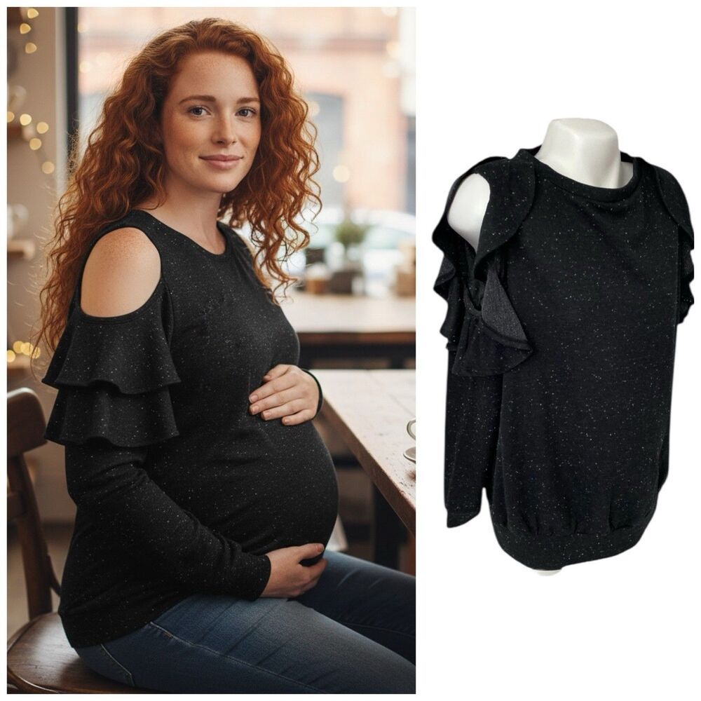 Isabel Maternity Top Womens Medium Ruffle Cold Shoulder Gray Speckled Boho Chic